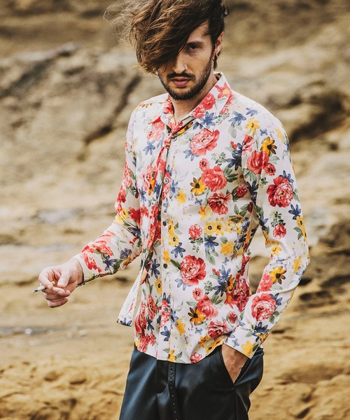 NO ID.（ノーアイディ）の「ストール付フラワーパターンSH（シャツ/ブラウス・メンズ・ブラック/ネイビー/サックスブルー/アイボリー・1/2）」の2枚目の写真