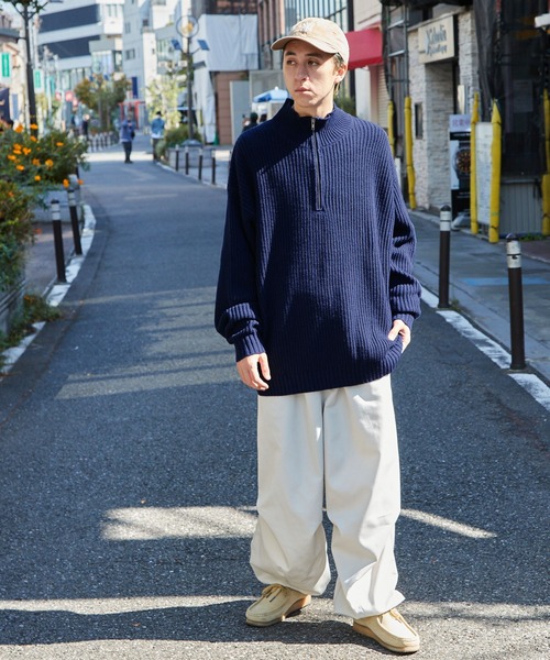 セール】ハーフジップ 畦編み ビッグシルエットプルオーバー