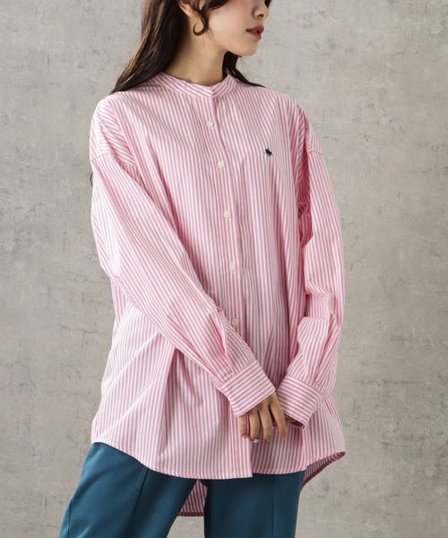 Mac-House(マックハウス)の「POLO BCS ポロ ビーシーエス ストライプ長袖バンドカラーシャツ(シャツ/ブラウス・レディース・ピンク・フリー)」の1枚目の写真