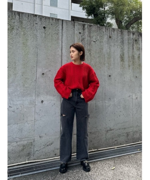 MOUSSY(マウジー)の「CABLE KNIT トップス(ニット/セーター・レディース・グレー/レッド/ネイビー・FREE)」の18枚目の写真