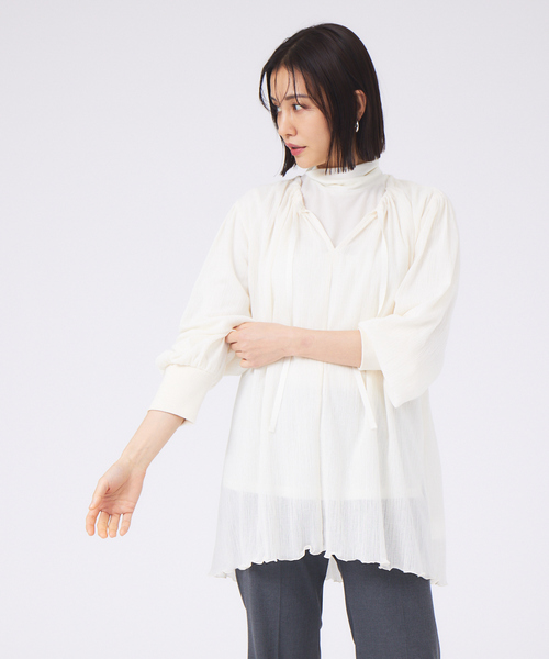 qualite（カリテ）の「クレープギャザーカットソー（Tシャツ/カットソー・レディース・アイボリー/ネイビー・フリー）」の2枚目の写真