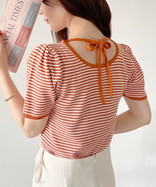 CLEA（クレア）の「バックリボン ボーダーリブトップス（Tシャツ/カットソー・レディース・ブラック/オレンジ・FREE）」の2枚目の写真