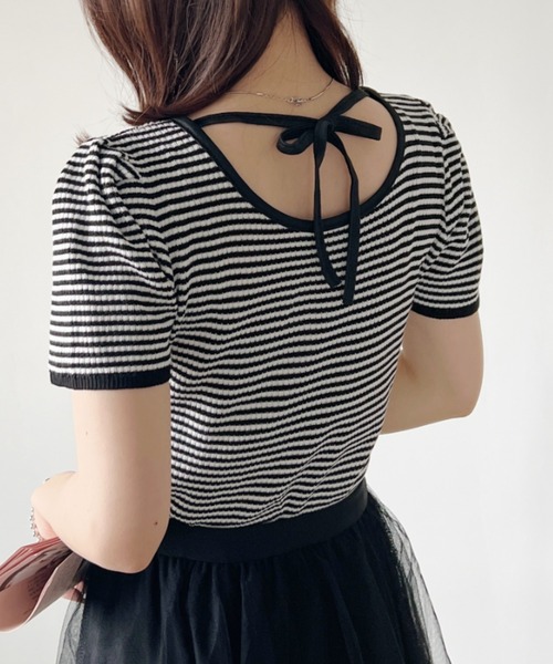 CLEA（クレア）の「バックリボン ボーダーリブトップス（Tシャツ/カットソー・レディース・ブラック/オレンジ・FREE）」の7枚目の写真