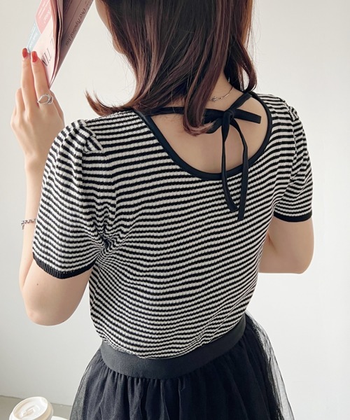 CLEA（クレア）の「バックリボン ボーダーリブトップス（Tシャツ/カットソー・レディース・ブラック/オレンジ・FREE）」の8枚目の写真