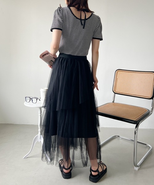 CLEA（クレア）の「バックリボン ボーダーリブトップス（Tシャツ/カットソー・レディース・ブラック/オレンジ・FREE）」の11枚目の写真