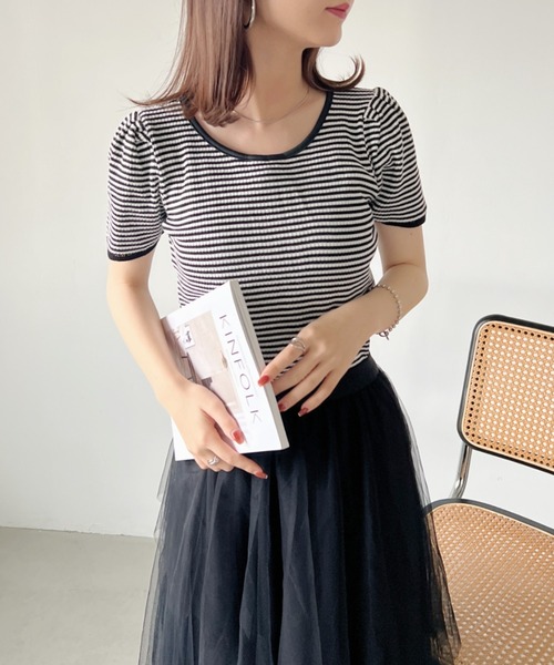 CLEA（クレア）の「バックリボン ボーダーリブトップス（Tシャツ/カットソー・レディース・ブラック/オレンジ・FREE）」の5枚目の写真