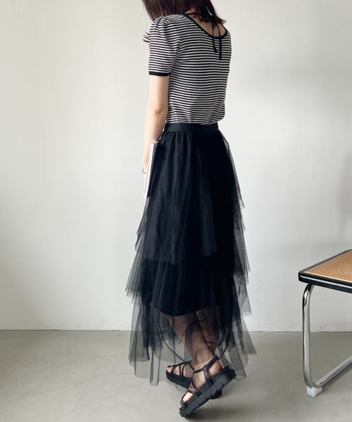 CLEA（クレア）の「バックリボン ボーダーリブトップス（Tシャツ/カットソー・レディース・ブラック/オレンジ・FREE）」の13枚目の写真