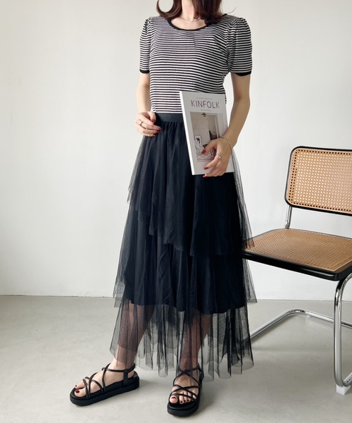 CLEA（クレア）の「バックリボン ボーダーリブトップス（Tシャツ/カットソー・レディース・ブラック/オレンジ・FREE）」の12枚目の写真