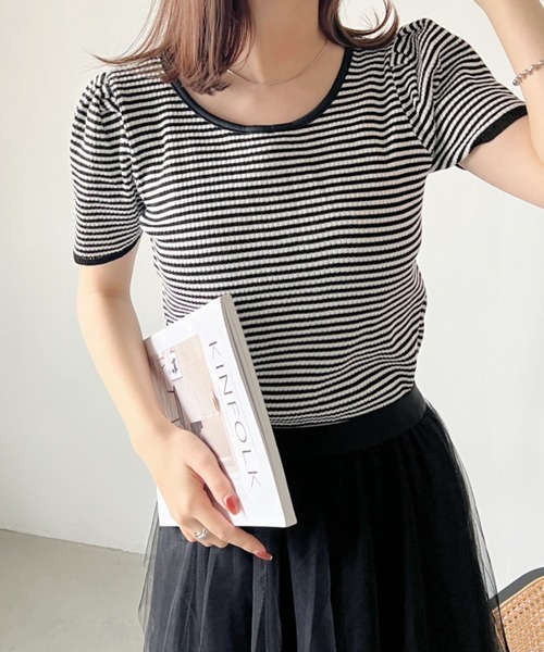 CLEA（クレア）の「バックリボン ボーダーリブトップス（Tシャツ/カットソー・レディース・ブラック/オレンジ・FREE）」の4枚目の写真