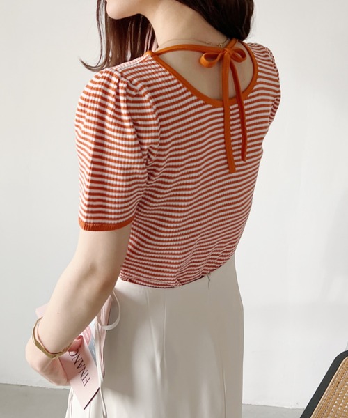 CLEA（クレア）の「バックリボン ボーダーリブトップス（Tシャツ/カットソー・レディース・ブラック/オレンジ・FREE）」の20枚目の写真