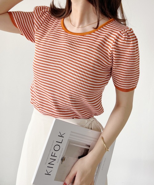 CLEA（クレア）の「バックリボン ボーダーリブトップス（Tシャツ/カットソー・レディース・ブラック/オレンジ・FREE）」の15枚目の写真