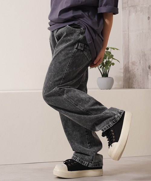 Back Channel コットンリネンデニムペインターパンツ ワイドジーンズ Fashion Letter 大きいサイズ デニム ペインターパンツ ベイカー