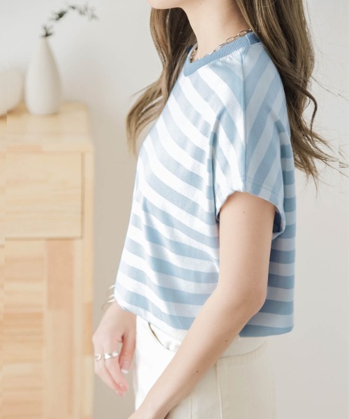 AMELY（エミリー）の「フレンチ袖ボーダーTシャツ（Tシャツ/カットソー・レディース・グリーン/イエロー系その他/ネイビー/ピンク/ブルー/ブラック・フリー）」の13枚目の写真