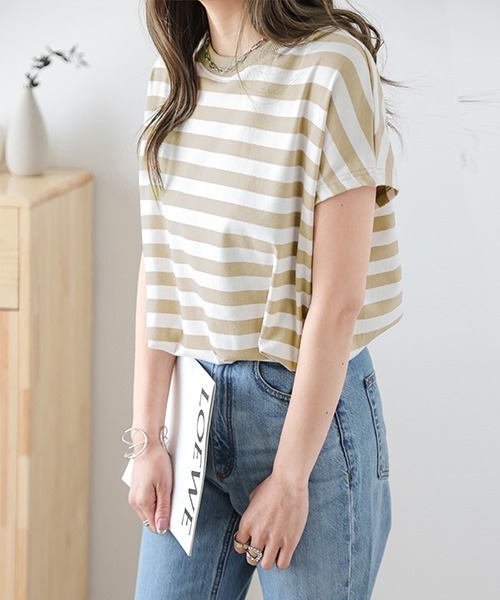 AMELY（エミリー）の「フレンチ袖ボーダーTシャツ（Tシャツ/カットソー・レディース・グリーン/イエロー系その他/ネイビー/ピンク/ブルー/ブラック・フリー）」の15枚目の写真