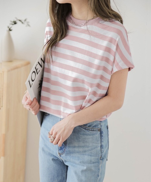 AMELY（エミリー）の「フレンチ袖ボーダーTシャツ（Tシャツ/カットソー・レディース・グリーン/イエロー系その他/ネイビー/ピンク/ブルー/ブラック・フリー）」の17枚目の写真