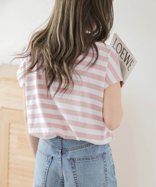 AMELY（エミリー）の「フレンチ袖ボーダーTシャツ（Tシャツ/カットソー・レディース・グリーン/イエロー系その他/ネイビー/ピンク/ブルー/ブラック・フリー）」の18枚目の写真
