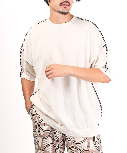 LUXSTYLE(ラグスタイル)の「ハンドステッチクルーネック半袖ニット(ニット/セーター・メンズ・ホワイト/チャコール/ブラック・L/M)」の2枚目の写真