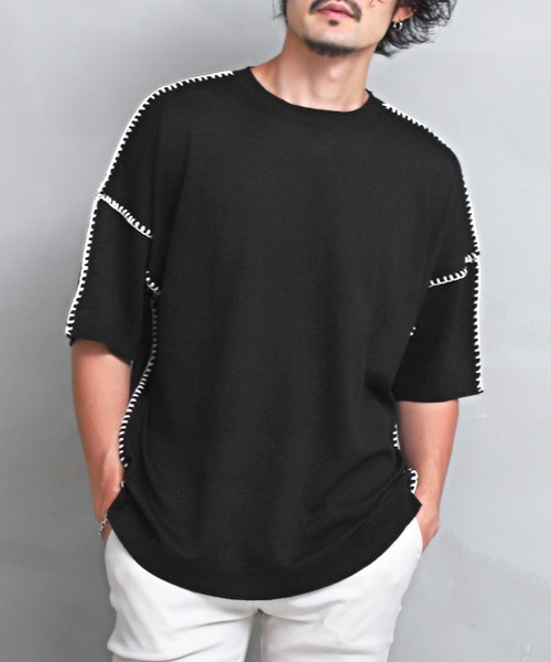 LUXSTYLE(ラグスタイル)の「ハンドステッチクルーネック半袖ニット(ニット/セーター・メンズ・ホワイト/チャコール/ブラック・L/M)」の1枚目の写真