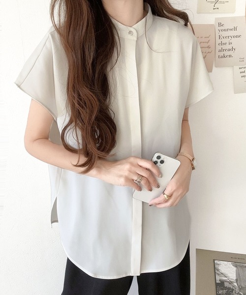 セール】着まわし万能な大人トップス。比翼バンドカラーフレンチ