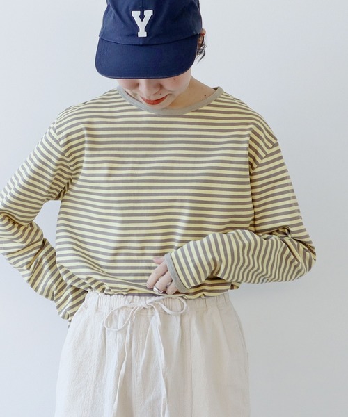 PAR ICI（パーリッシィ）の「ボーダー配色バインダー カットソー（Tシャツ/カットソー・レディース・グリーン/サックスブルー/ピンク系その他/カーキ/ブラック/マスタード/ライトブルー/オレンジ/イエロー/グリーン系その他/ピンク系その他2/ダークブラウン・FREE）」の9枚目の写真