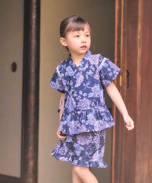 apres les cours（アプレレクール）の「アプレのはんなりGIRLS甚平（浴衣・キッズ・ブラック/ネイビー/サックスブルー/ピンク/ミント/ラベンダー・130/90/100/110/120/80）」の3枚目の写真