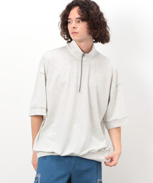 Purple&Yellow | カラーステッチ半袖ハイネックハーフジッププルオーバー(Tシャツ/カットソー)