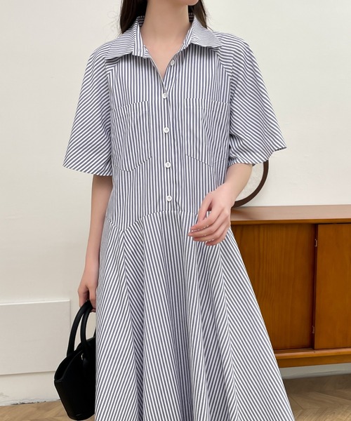ABITOKYO（アビトーキョー）の「ストライプボリュームフレアシャツワンピース（シャツワンピース・レディース・チャコールグレー/ブラック/ブルー・M/L）」の2枚目の写真