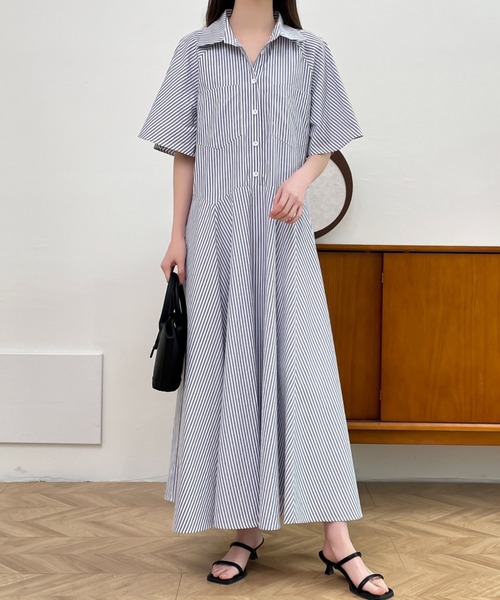 ABITOKYO（アビトーキョー）の「ストライプボリュームフレアシャツワンピース（シャツワンピース・レディース・チャコールグレー/ブラック/ブルー・M/L）」の8枚目の写真
