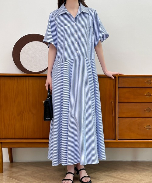セール】ストライプボリュームフレアシャツワンピース（シャツ  