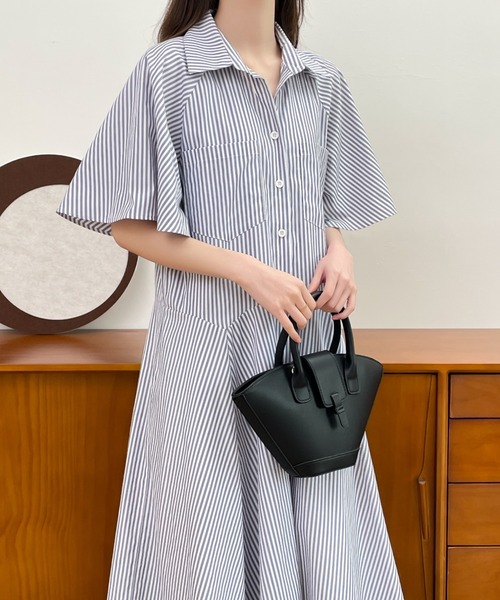 ABITOKYO（アビトーキョー）の「ストライプボリュームフレアシャツワンピース（シャツワンピース・レディース・チャコールグレー/ブラック/ブルー・M/L）」の5枚目の写真