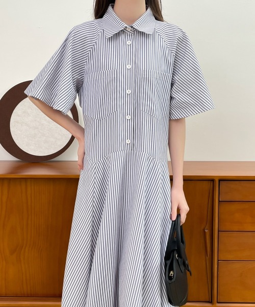 ABITOKYO（アビトーキョー）の「ストライプボリュームフレアシャツワンピース（シャツワンピース・レディース・チャコールグレー/ブラック/ブルー・M/L）」の6枚目の写真