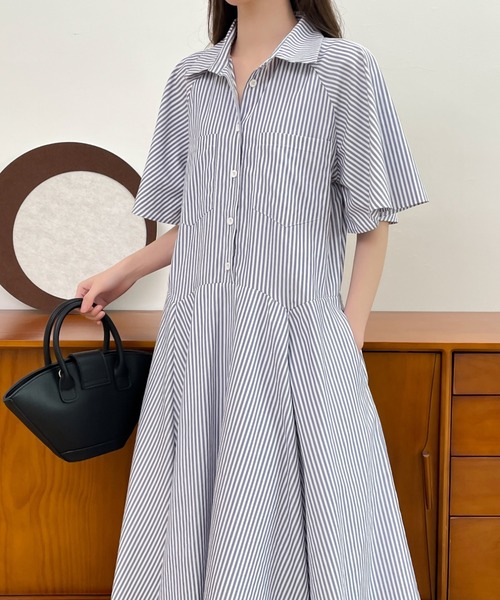 ABITOKYO（アビトーキョー）の「ストライプボリュームフレアシャツワンピース（シャツワンピース・レディース・チャコールグレー/ブラック/ブルー・M/L）」の7枚目の写真