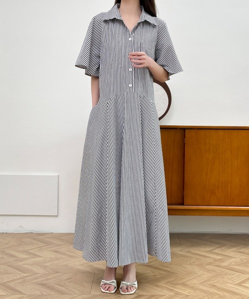 ABITOKYO（アビトーキョー）の「ストライプボリュームフレアシャツワンピース（シャツワンピース・レディース・チャコールグレー/ブラック/ブルー・M/L）」の20枚目の写真