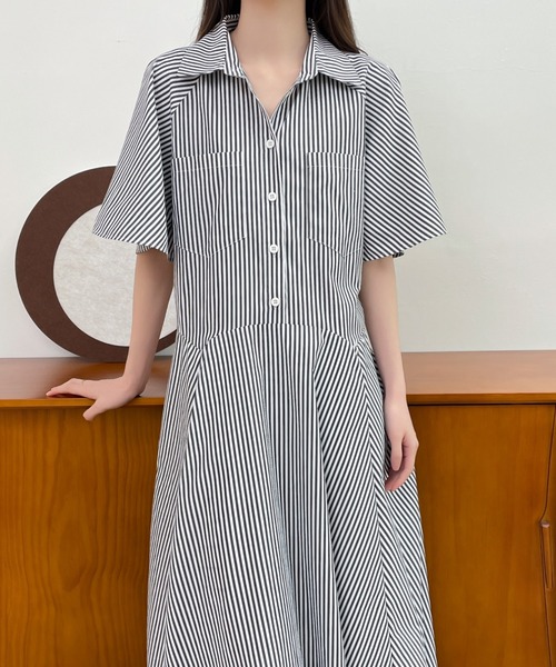 ABITOKYO（アビトーキョー）の「ストライプボリュームフレアシャツワンピース（シャツワンピース・レディース・チャコールグレー/ブラック/ブルー・M/L）」の15枚目の写真