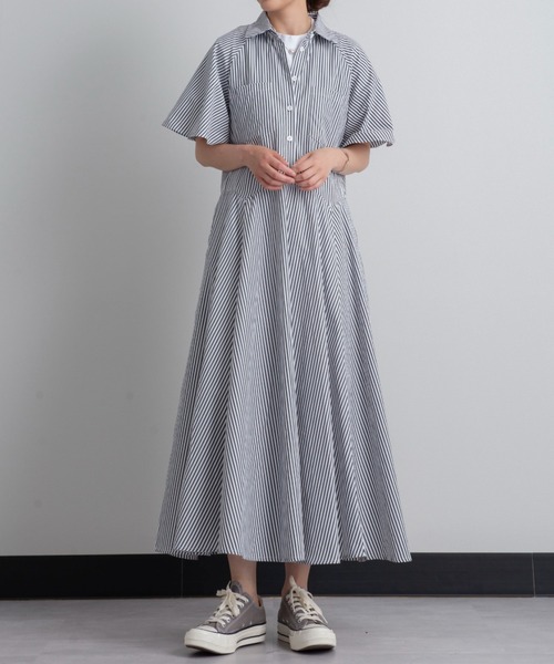 セール】ストライプボリュームフレアシャツワンピース（シャツ  