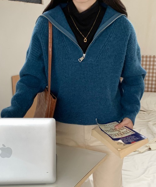 Diosfront(ディオスフロント)の「ハーフジップハイネックニットプルオーバー(ニット/セーター・レディース・ベージュ/ブルー/アイボリー/ブラック・FREE)」の13枚目の写真
