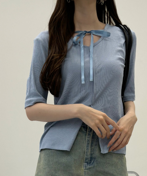 Ada.(エイダ)の「サテン リボン バレエコアデザイン Tシャツ(Tシャツ/カットソー・レディース・ブルー/ブラック/ライトグレー・FREE)」の10枚目の写真