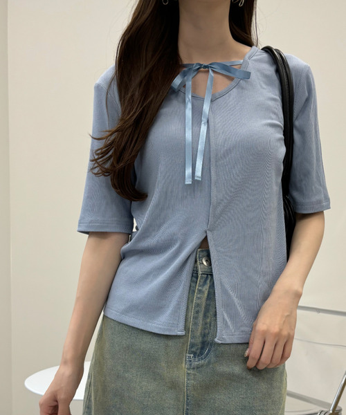 Ada.(エイダ)の「サテン リボン バレエコアデザイン Tシャツ(Tシャツ/カットソー・レディース・ブルー/ブラック/ライトグレー・FREE)」の7枚目の写真