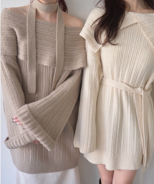 mellowneon（メロウネオン）の「マルチウェイオフショルニット/ワンピース（ニット/セーター・レディース・グレー/アイボリー/モカ・FREE）」の12枚目の写真