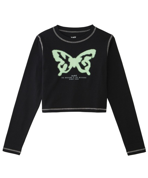 X-girl（エックスガール）の「SPRAY BUTTERFLY PRINT L/S BABY TEE（Tシャツ/カットソー・レディース・ブラック/ブラウン/オフホワイト・S/M）」の3枚目の写真
