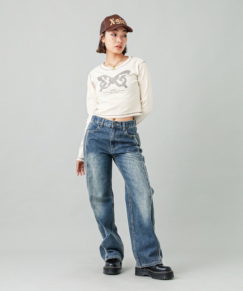 X-girl（エックスガール）の「SPRAY BUTTERFLY PRINT L/S BABY TEE（Tシャツ/カットソー・レディース・ブラック/ブラウン/オフホワイト・S/M）」の14枚目の写真