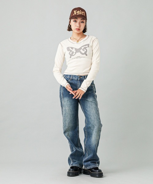 X-girl（エックスガール）の「SPRAY BUTTERFLY PRINT L/S BABY TEE（Tシャツ/カットソー・レディース・ブラック/ブラウン/オフホワイト・S/M）」の15枚目の写真