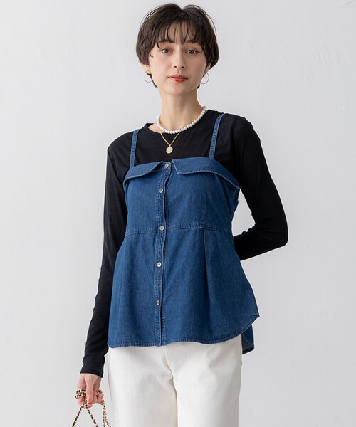 23区 L(ニジュウサンクオオキイサイズ)の「【洗える】ライトダンガリー ビスチェ(シャツ/ブラウス・レディース・スカイブルー系/ターコイズブルー系・44/48/46)」の1枚目の写真