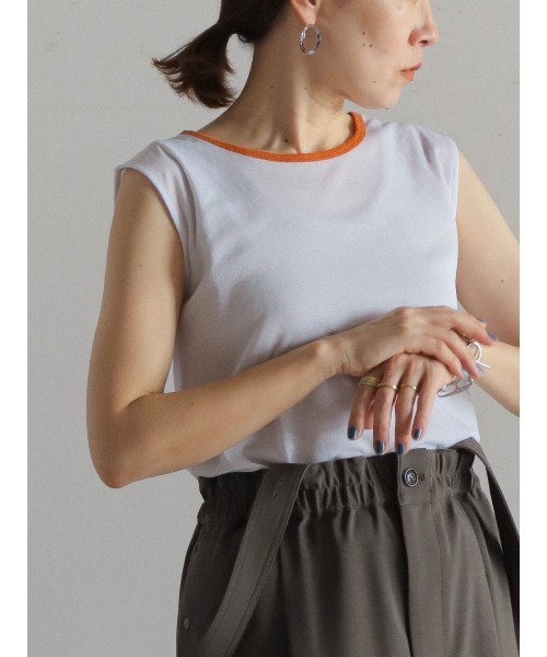 FIL DE FER(フィルデフェール)の「シアーポリ 配色ネックタンク(Tシャツ/カットソー・レディース・ホワイト/ネイビー/グリーン・FREE)」の1枚目の写真