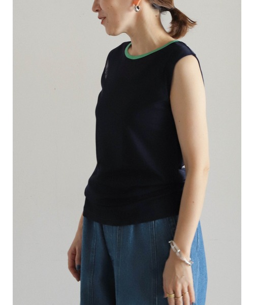FIL DE FER(フィルデフェール)の「シアーポリ 配色ネックタンク(Tシャツ/カットソー・レディース・ホワイト/ネイビー/グリーン・FREE)」の5枚目の写真