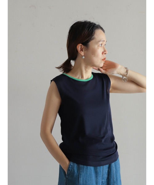 FIL DE FER(フィルデフェール)の「シアーポリ 配色ネックタンク(Tシャツ/カットソー・レディース・ホワイト/ネイビー/グリーン・FREE)」の4枚目の写真