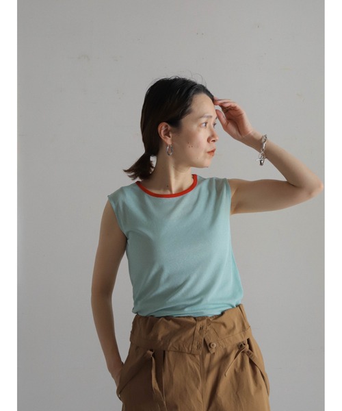 FIL DE FER(フィルデフェール)の「シアーポリ 配色ネックタンク(Tシャツ/カットソー・レディース・ホワイト/ネイビー/グリーン・FREE)」の9枚目の写真