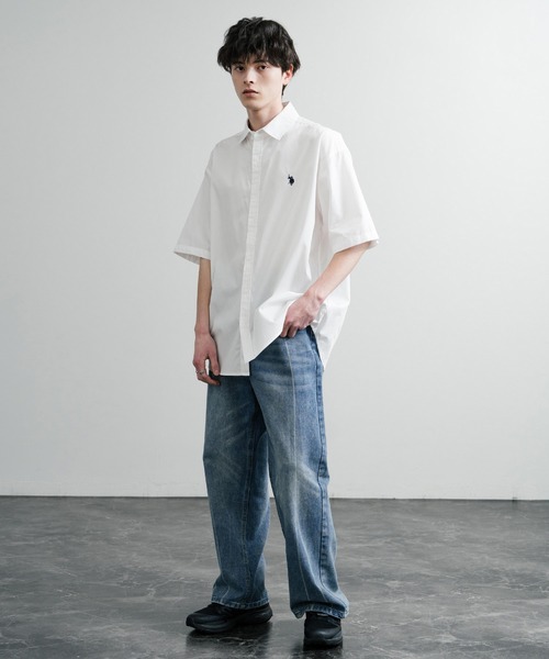 U.S. POLO ASSN.(ユーエスポロアッスン)の「U.S. POLO ASSN. ユーエスポロアッスン オーバーサイズ 無地 ストライプ チェック柄 ワンポイントロゴ刺繍半袖レギュラーカラーブロードシャツ(シャツ/ブラウス・メンズ・アイボリー/サックスブルー/ライトブルー/ホワイト/ネイビー/ブラック・L/LL/M)」の9枚目の写真