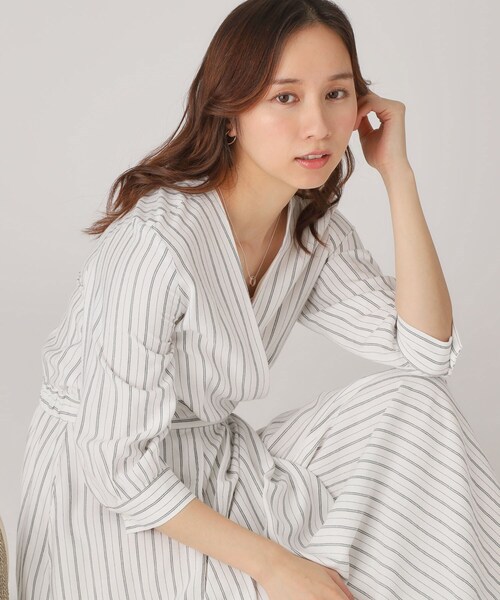 【洗える】ストライプ柄 カシュクールワンピース