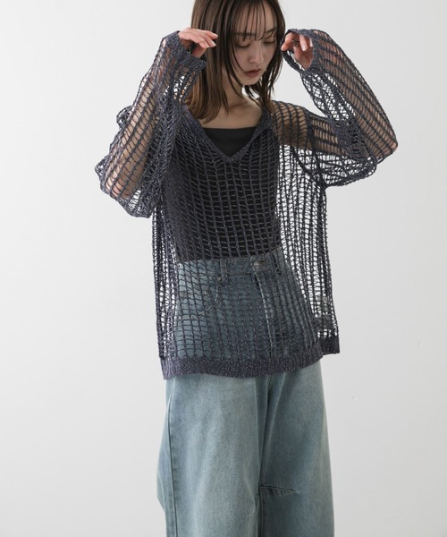 SENSE OF PLACE by URBAN RESEARCH（センスオブプレイスバイアーバンリサーチ）の「キーネックメッシュニット（ニット/セーター・レディース・アイボリー/ブラウン/ネイビー・ONE）」の4枚目の写真